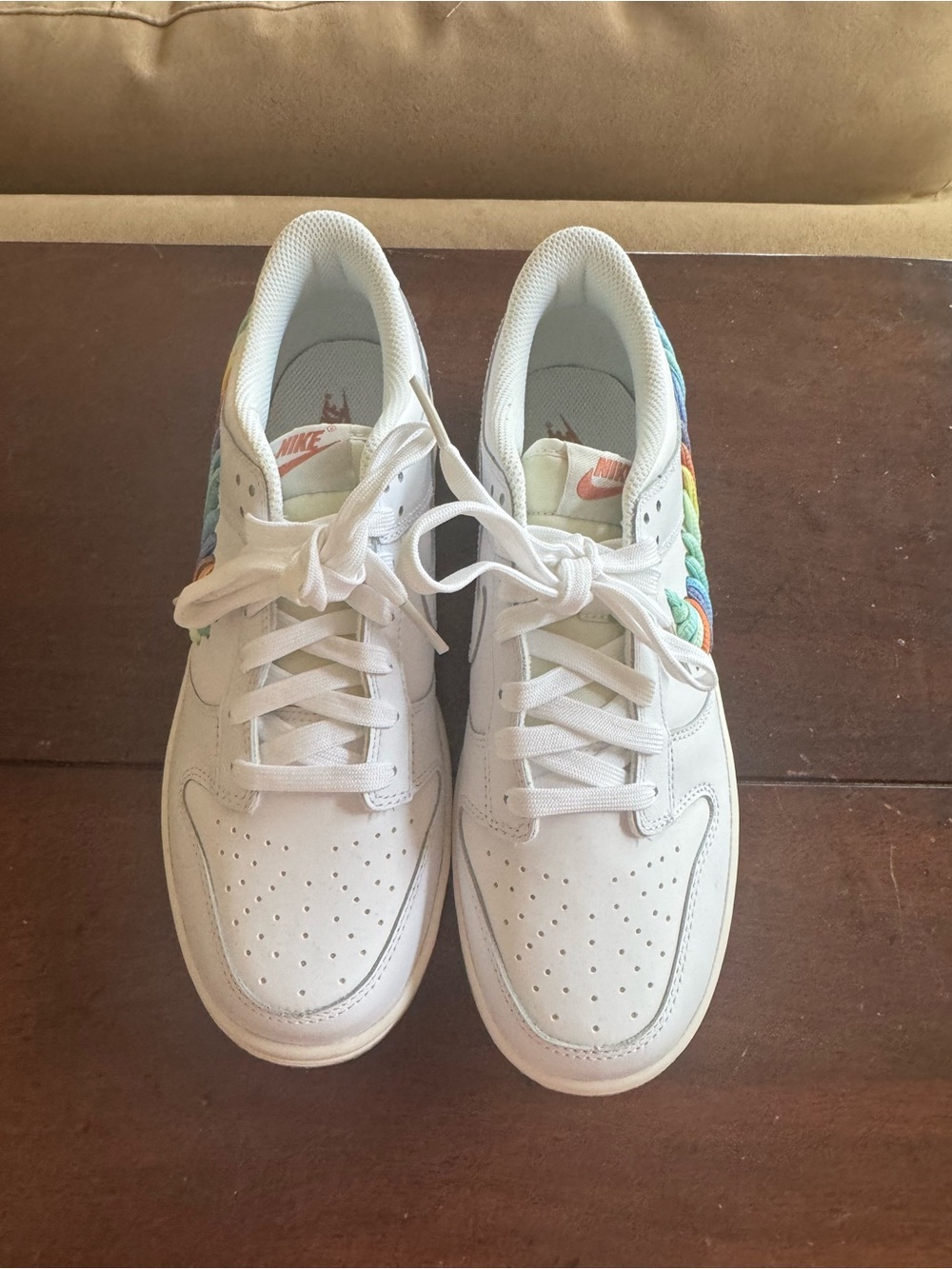 Nike New! Dunk Low SE Kids White Sneakers with Rainbow Lace Swoosh - Picture 2 of 5